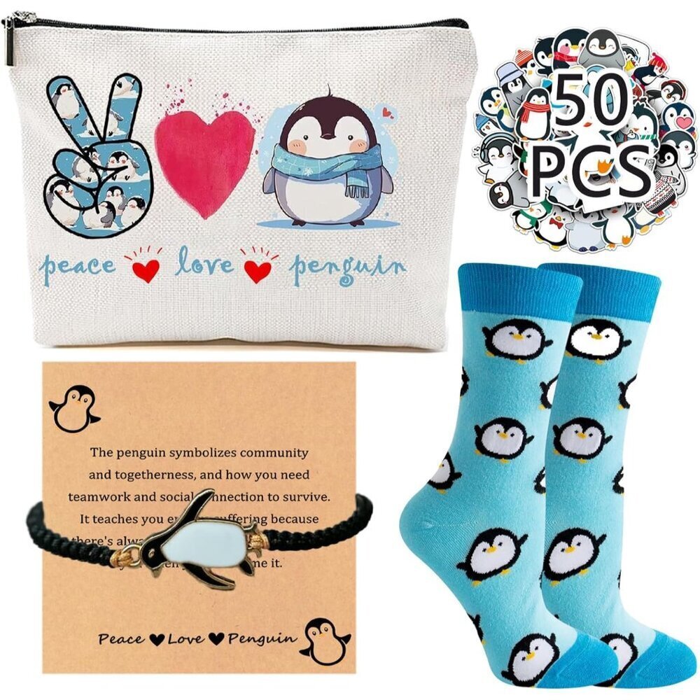 Penguin Gift Set for Women Cotton Blend Socks Makeup Bag Jewelry Accessories